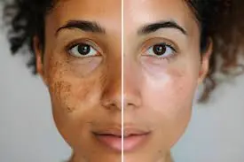 woman noticing darker facial skin compared to body
