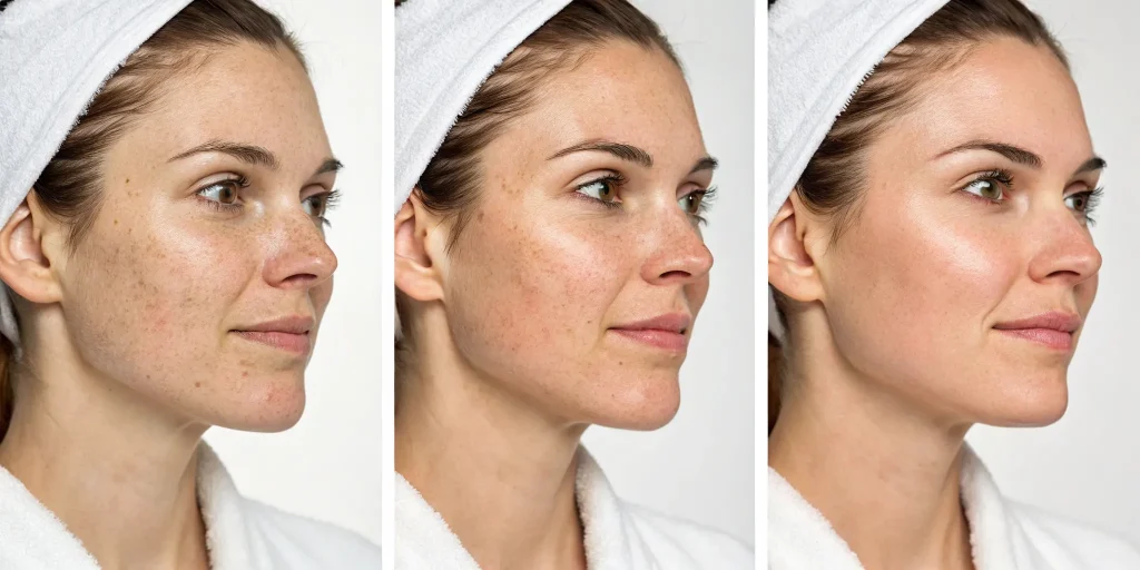 Woman applying ice cube treatment for open pores on face