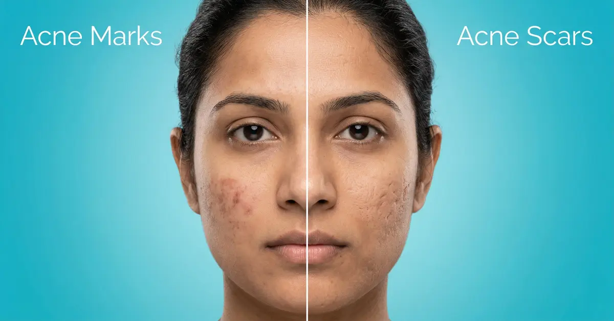 Open pores vs acne scars comparison on facial skin
