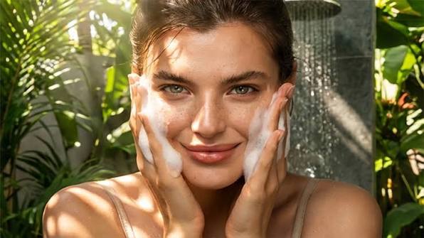 Woman checking enlarged pores in mirror
