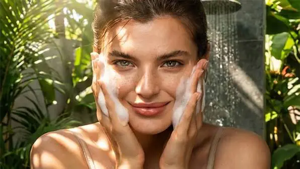Woman checking enlarged pores in mirror